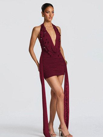 Robe de soirée mini noire à col V lacé sans manches dos nu robe sexy semi-formelle