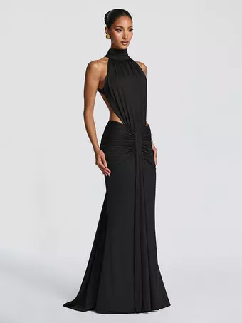 Party Dress Maxi Coffee Brown Halter Pleated Sleeveless Backless Chic Semi  Formal Dress - Milanoo.com