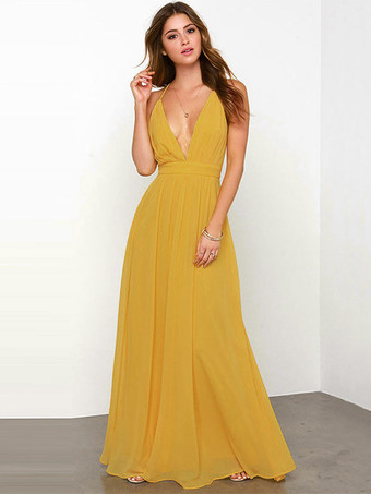 Gelb  Sexy Kleid mit tiefem Ausschnitt rückenfrei Spaghettiträgern Ball-Maxikleider
