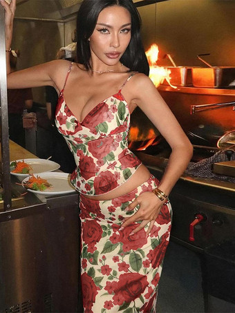 ツーピースセット レッド セクシー 花柄プリント リゾートウェア ポリエステル ストラップネック フラワー ノースリーブスカートセット