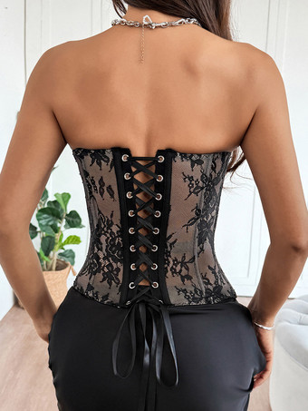 コルセットトップス ブラック セクシー ノースリーブ ストラップレス スリムフィット レースアップトップス