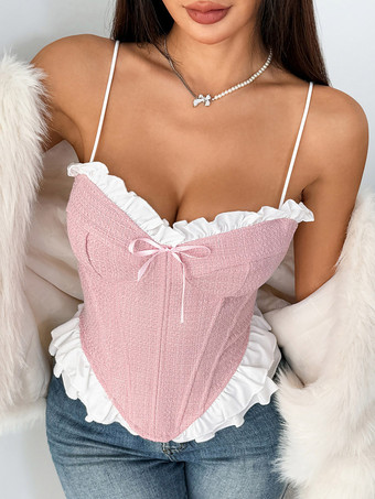 コルセットトップス コケット ピンク フリル セクシー ノースリーブ ストラップ ネック ペプラム レースアップ