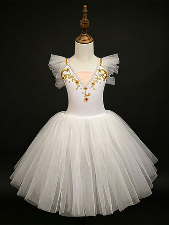 ホワイト バレエダンス衣装 ピンク 女の子用 刺繍入り バレリーナ ポリエステルドレス パフォーマンスウェア
