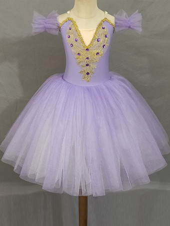 ラベンダーバレエダンス衣装 ラベンダー 女の子用 半袖 ビーズ付き バレリーナ ポリエステルドレス パフォーマンスウェア