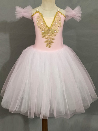 ピンクバレエダンス衣装 ラベンダー 女の子用 半袖 ビーズ付き バレリーナ ポリエステルドレス パフォーマンスウェア
