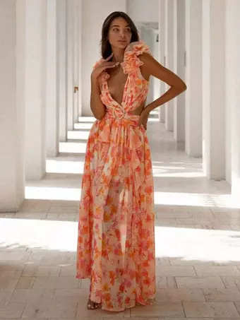 casual orange maxi dress BamGleam Women's Summer Holiday Ombre Pleated Halter Dress,Casual Sexy Elegant Tropical Tropical Beach Vacation Vacation,Red Orange Maxi Long Dress