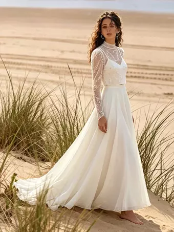 long sleeve lace chiffon wedding dress Ivory Lace Long Sleeves A-line Chiffon Wedding Dresses, Bridal Gowns, MW526