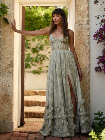 Light Green Floral Layered Ruffles Maxi Party Dress High Slit Strap Dress 2026