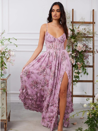 VioletFloral Layered Ruffles Maxi Party Dress High Slit Strap Dress 2026