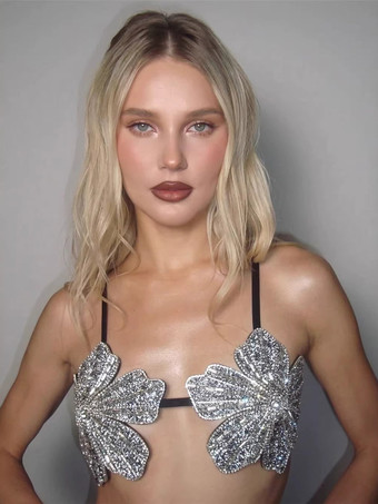 シルバー クラブウェア トップス ファッション ストラップ ネック 花柄 ノースリーブ 花柄プリント バックレス トップス