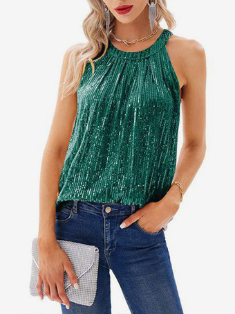 ダークグリーンクラブウェア トップス セクシー ホルターネック スパンコール ノースリーブ Tシャツ