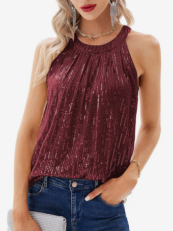 ワインレッド クラブウェア トップス セクシー ホルターネック スパンコール ノースリーブ Tシャツ