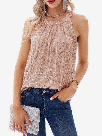 シャンパンカラークラブウェア トップス セクシー ホルターネック スパンコール ノースリーブ Tシャツ