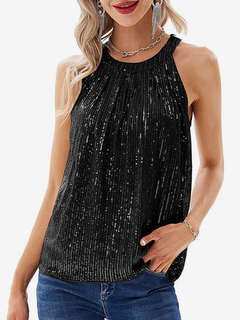ブラック クラブウェア トップス セクシー ホルターネック スパンコール ノースリーブ Tシャツ