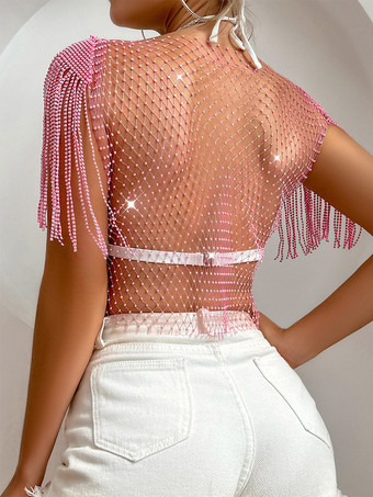 Hauts de soirée tendance à col rond orné de strass et de bas à carreaux en nylon