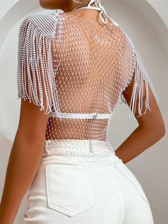 blanc Hauts de soirée tendance à col rond orné de strass et de bas à carreaux en nylon