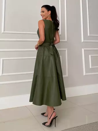 green date night dress Date Night Dresses Midi Sleeveless Jewel Neck Chic Green Dress