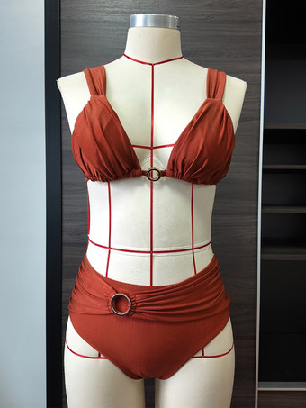 女性用ビキニ水着 ブラウン ナチュラルウエスト 夏用ビーチ水着