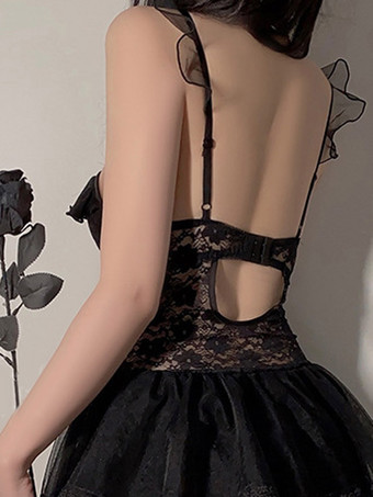 Nuisette sexy Babydoll blanche dos nu en dentelle avec nœud et volants