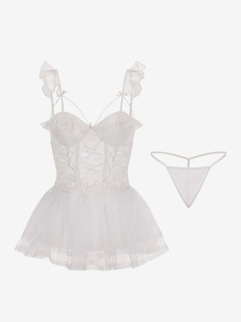 Nuisette sexy Babydoll blanche dos nu en dentelle avec nœud et volants