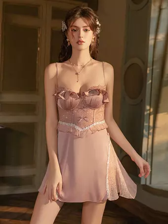 ベビードールランジェリー セクシーなブラッシュピンクサテンレース 