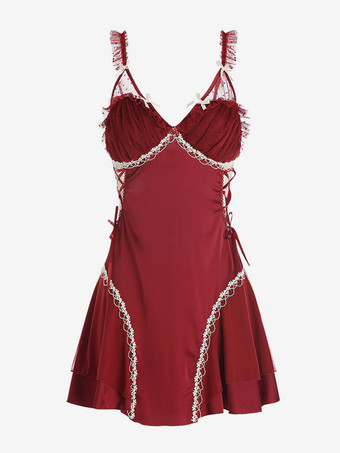 Nuisette sexy en satin bordeaux dentelle et tulle dos nu pour femme.