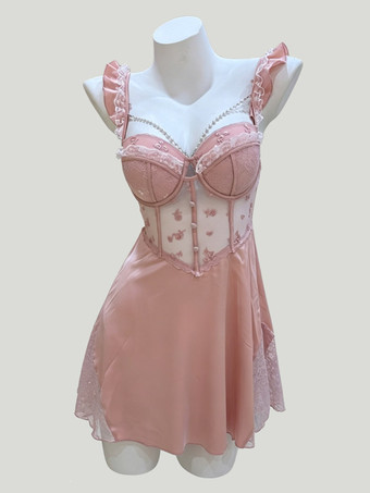 Vieux RoseNuisette sexy en dentelle champagne dos nu et tulle nuisette babydoll lingerie sexy