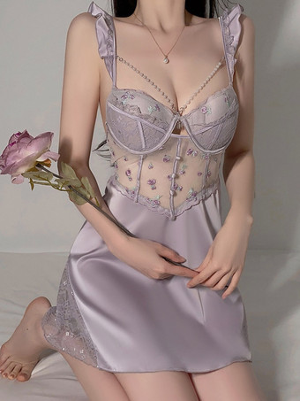 LilasNuisette sexy en dentelle champagne dos nu et tulle nuisette babydoll lingerie sexy