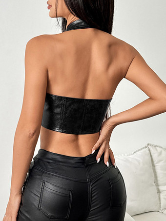 クラブウェアトップス セクシー Vネック レースアップ ノースリーブ PUレザー バックレストップス