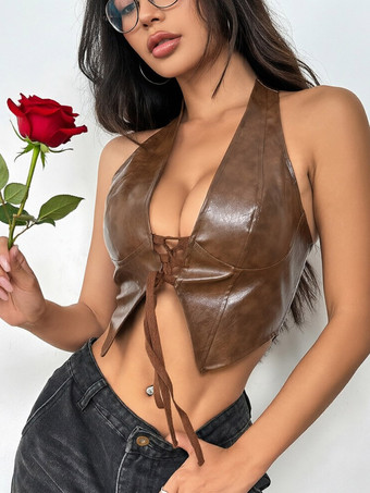 クラブウェアトップス セクシー Vネック レースアップ ノースリーブ PUレザー バックレストップス