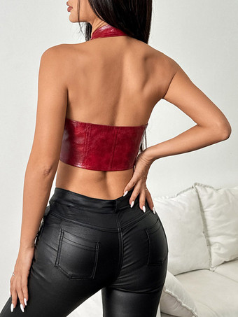クラブウェアトップス セクシー Vネック レースアップ ノースリーブ PUレザー バックレストップス