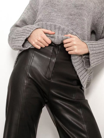 赤いPUレザーのパンツ、ナチュラルウエスト、シックなストレートパンツ
