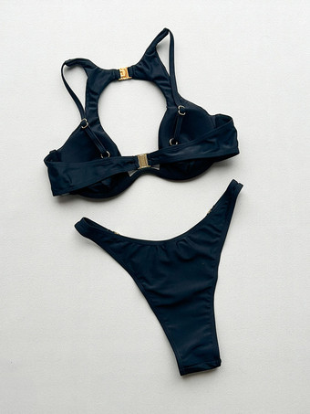 Maillots de bain deux pièces pour femmes détails métalliques noirs taille naturelle maillots de bain d'été sexy
