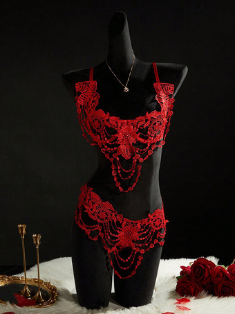 レースのタッセル付きランジェリー　レッド　花柄刺繍入りブラジャー＆ショーツ2点セット