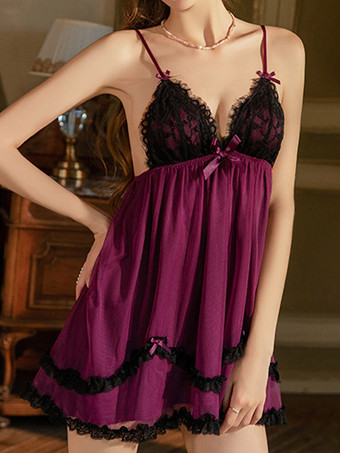 PourpreNuisette sexy en dentelle verte dos nu et tulle style babydoll pour femme.