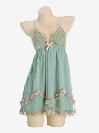 Nuisette sexy en dentelle verte dos nu et tulle style babydoll pour femme.