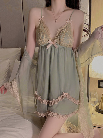 Nuisette sexy en dentelle verte dos nu et tulle style babydoll pour femme.
