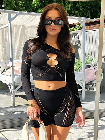 noir Ensembles de vêtements de club perles manches longues tenues de club sexy