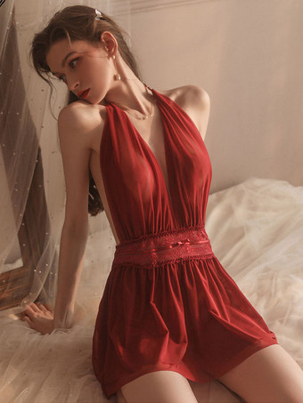 Nuisette sexy en dentelle rose dos nu et tulle style babydoll.