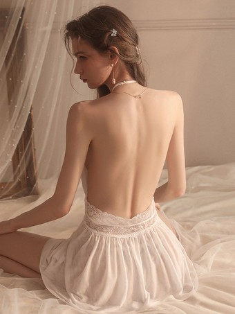 Nuisette sexy en dentelle rose dos nu et tulle style babydoll.