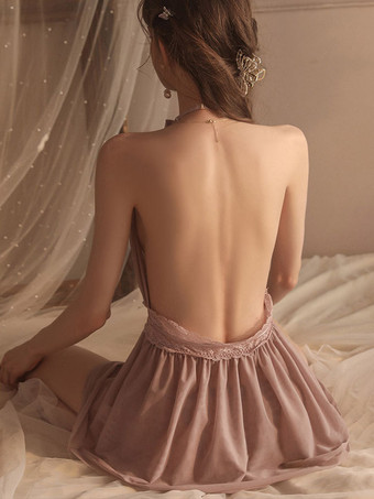 Nuisette sexy en dentelle rose dos nu et tulle style babydoll.