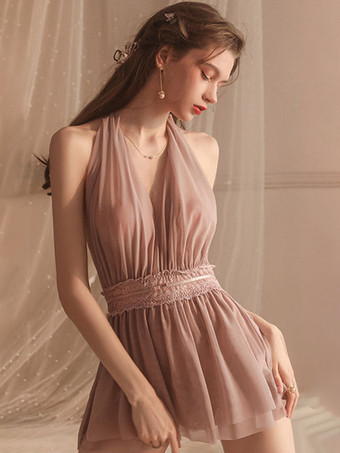 Nuisette sexy en dentelle rose dos nu et tulle style babydoll.