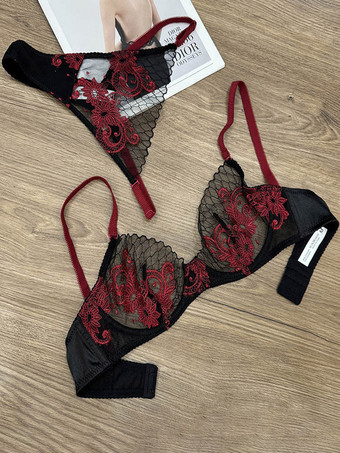 Ensemble soutien-gorge et culotte deux pièces en dentelle transparente bordeaux à broderies florales