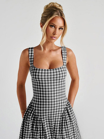 Robe de soirée élégante à carreaux sans manches col carré robe noire midi