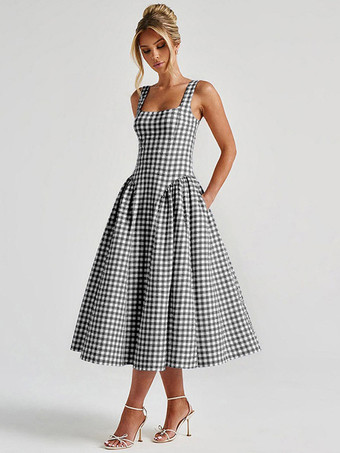Robe de soirée élégante à carreaux sans manches col carré robe noire midi