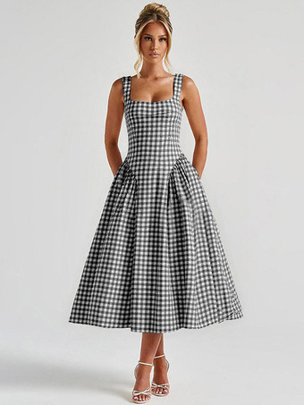noir Robe de soirée élégante à carreaux sans manches col carré robe noire midi