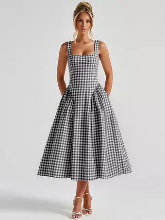 midi date night dresses for women Date Night Dresses Midi Sleeveless Plaid Square Neck Elegant Black Dress