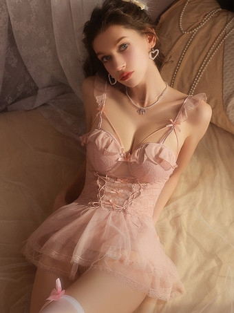 Nuisette sexy en dentelle rose dos nu et tulle style babydoll.