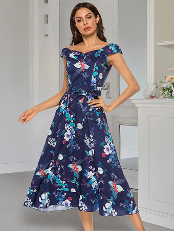ディープブルー花柄ドレス 花柄プリント オフショルダー ノースリーブ ジッパー付き エレガントな夏のロングドレス