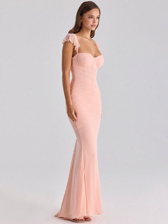 Robes de soirée longues sans manches à bretelles décolleté sexy robes roses